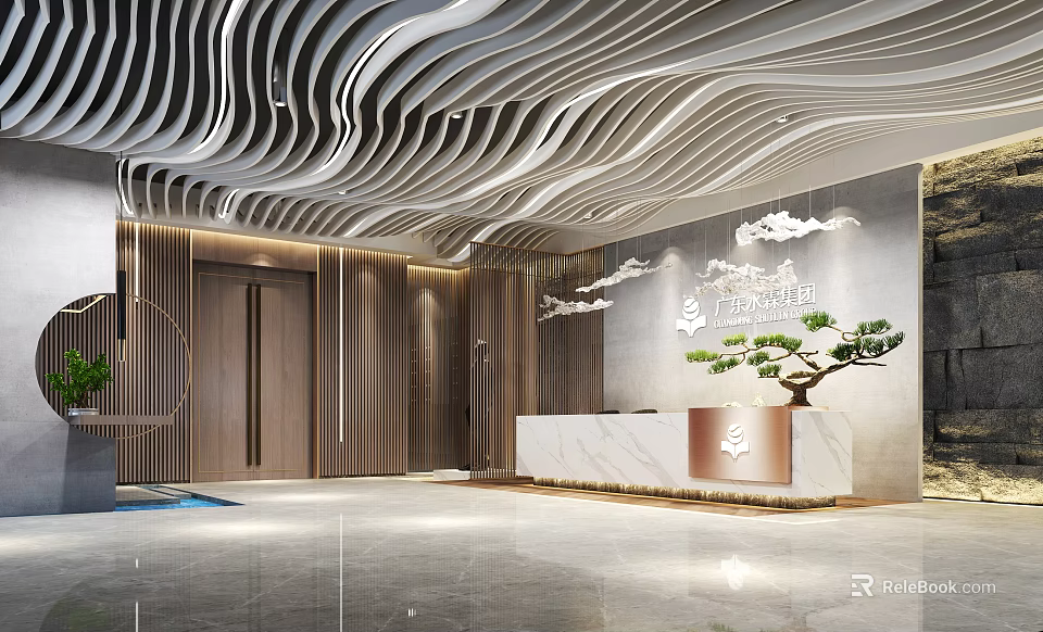 Modern Elegant Reception Interior with Marble Counter Wooden Decor Cloud Pattern and Green Plant 3d model 