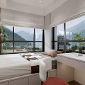 Modern Tatami Bedroom Interior Design With Large Windows Mountain View Desk Storage Cabinets And Plants