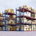 Warehouse Storage Racks With Multiple Levels Stacked Boxes And Blue Frames