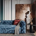 Elegant Living Room Interior With Gold Chandelier Blue Sofa Red Armchair And Green Panel Walls