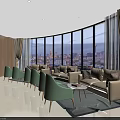 Modern Lounge Area With Beige Sofa Green Chairs Large Windows And City Skyline View
