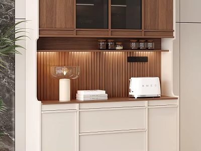 Stylish Modern Sideboard With Walnut Glass Doors LED Strip Lights White Drawers And Decorative Jars 3d model