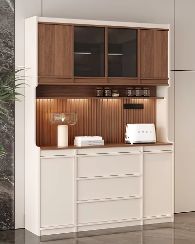 Stylish Modern Sideboard With Walnut Glass Doors LED Strip Lights White Drawers And Decorative Jars 3d model