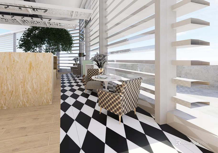 Stylish Leisure Chair In Modern Interior With Black And White Checkered Floor And Striped Blinds 3d model 