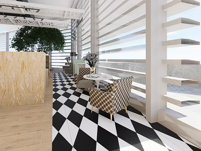 Stylish Leisure Chair In Modern Interior With Black And White Checkered Floor And Striped Blinds 3d model
