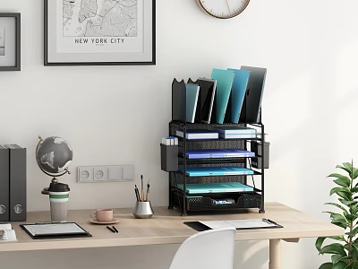 Neat Office Desk Setup Featuring File Organizer Globe Coffee Cup Tablet And Plant 3d model