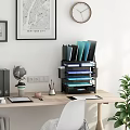 Neat Office Desk Setup Featuring File Organizer Globe Coffee Cup Tablet And Plant