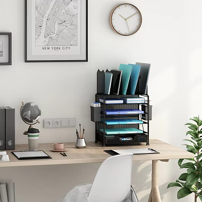 Neat Office Desk Setup Featuring File Organizer Globe Coffee Cup Tablet And Plant 3d model