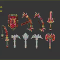 Red And White Block Style Shield Bow Sword Axe Weapons Collection 3d model