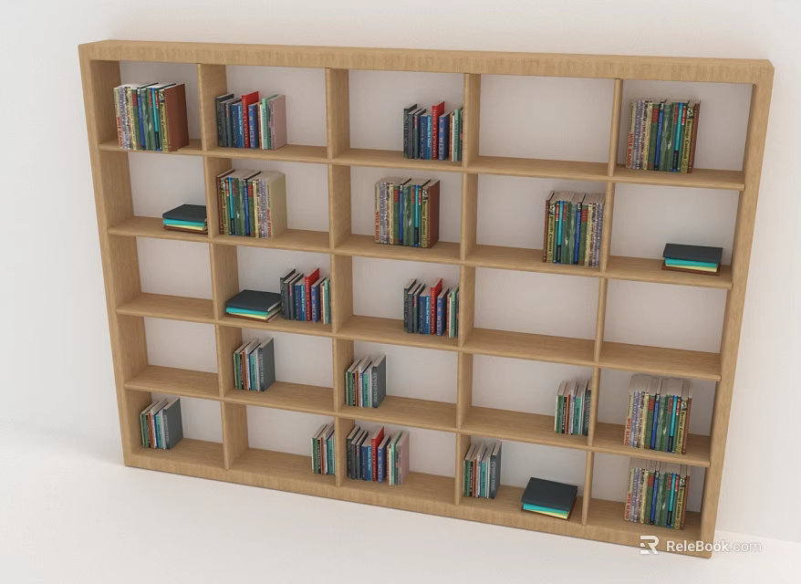 Wooden Bookshelf With Multiple Compartments Organized With Colorful Books For Home Library 3d model 