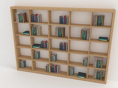 Wooden Bookshelf With Multiple Compartments Organized With Colorful Books For Home Library 3d model
