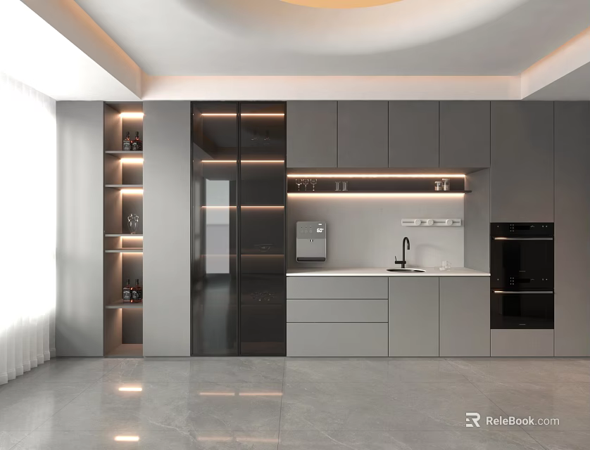 Modern Kitchen Interior With Gray Glass Door Cabinets And Integrated Appliances 3d model 