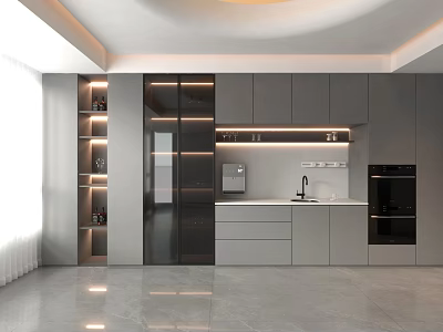 Modern Kitchen Interior With Gray Glass Door Cabinets And Integrated Appliances 3d model