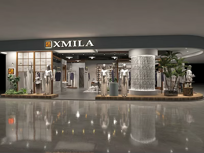 XMILA Clothing Store with Mannequins Display Plants Lighting And Shiny Floor 3d model