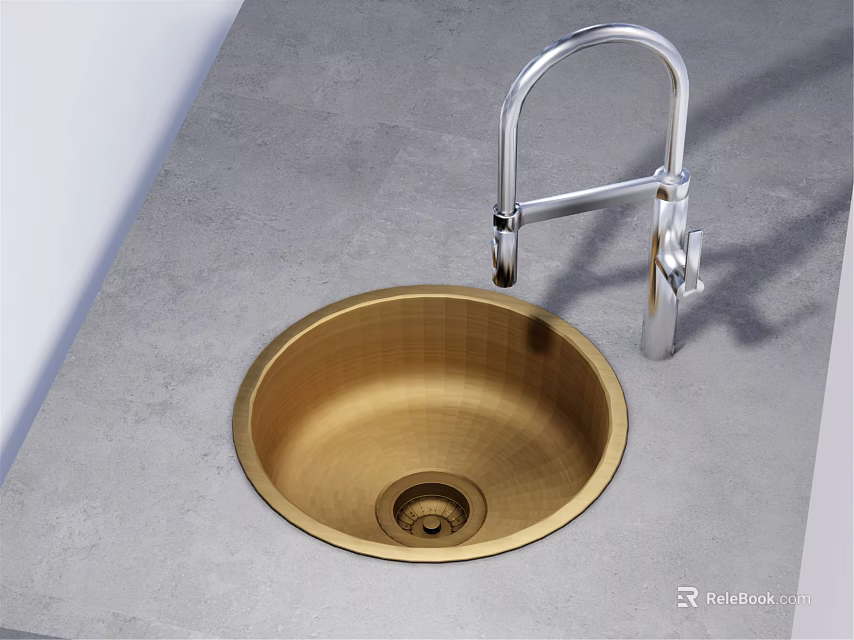 Round Golden Kitchen Sink with Silver Faucet on Gray Countertop 3d model 