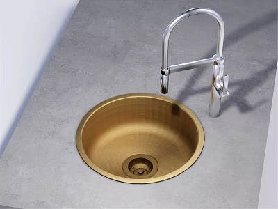 Round Golden Kitchen Sink with Silver Faucet on Gray Countertop 3d model