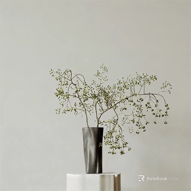 Minimalist Dark Colored Vase With Small Green Leaves And Tiny Flowers Against Light Wall 3d model 