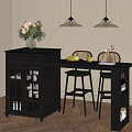 Stylish Black Bar Counter With Stools Pendant Lights Fruits Flower Vase And Glass Door Cabinet