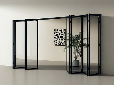 Modern Black Frame Glass Folding Doors in White Wall with Geometric Art and Green Plant 3d model