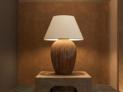 Brown Striped Table Lamp With White Fabric Shade On Stone Pedestal And Natural Wall Background 3d model