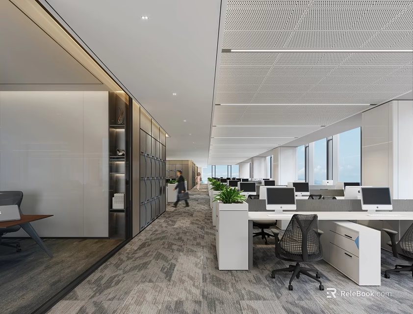 Contemporary Public Office Interior With Open Layout Desks Computers Green Plants And Natural Light 3d model 