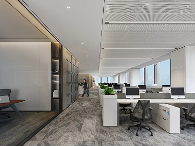 Contemporary Public Office Interior With Open Layout Desks Computers Green Plants And Natural Light 3d model