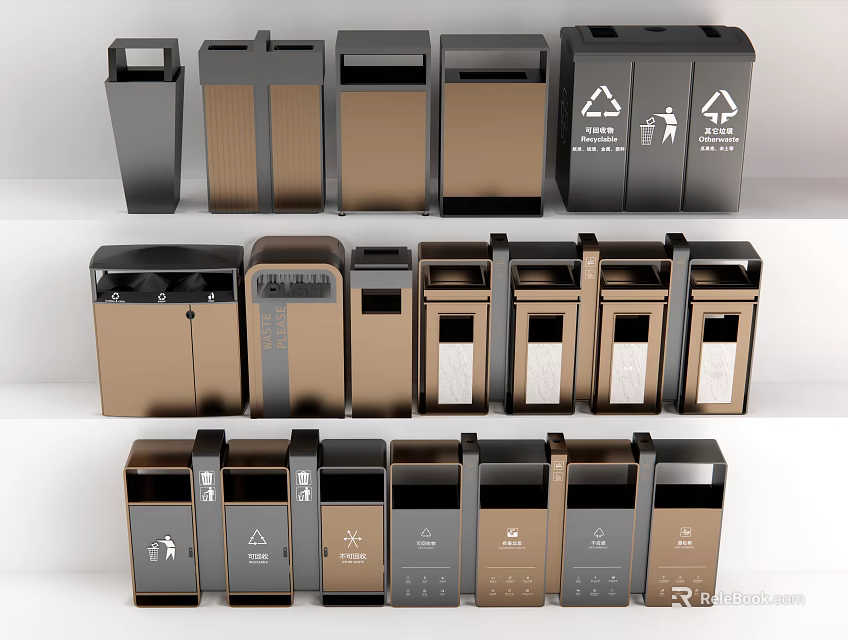 Modern Public Trash Bins With Various Designs And Recycling Symbols 3d model 