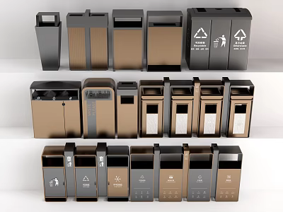 Modern Public Trash Bins With Various Designs And Recycling Symbols 3d model