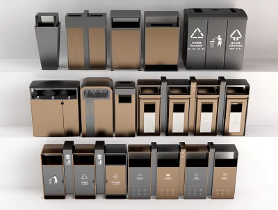 Modern Public Trash Bins With Various Designs And Recycling Symbols 3d model