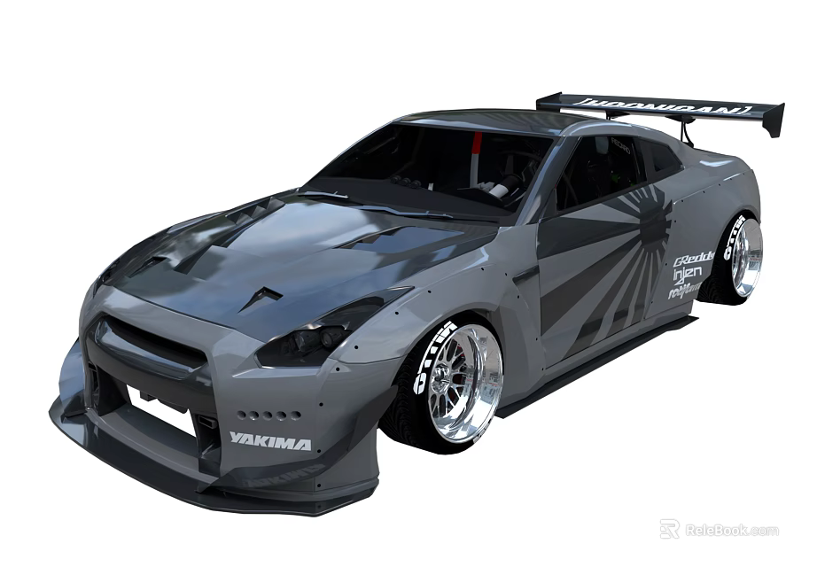 Modified Nissan GT-R Featuring Grey Body Black Graphics Wide Body Kit And Yokohama Tires 3d model 