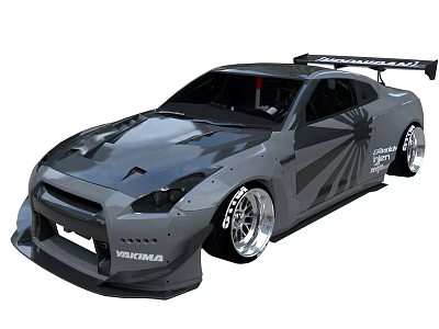 Modified Nissan GT-R Featuring Grey Body Black Graphics Wide Body Kit And Yokohama Tires 3d model
