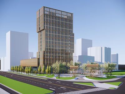 Contemporary High Rise Hotel Building With Glass Curtain Wall And Urban Landscaping 3d model