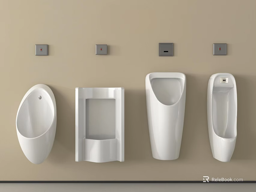 Various Modern Urinal Designs Mounted on Beige Wall With Flush Controls 3d model