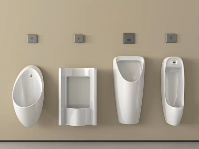 Various Modern Urinal Designs Mounted on Beige Wall With Flush Controls 3d model
