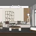 Modern Living Room With Beige Sofa Geometric Wall Art Chandelier Wooden Floor And Coffee Table