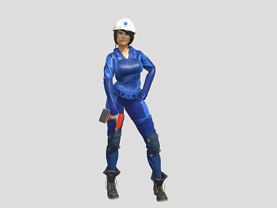 Woman In Blue Work Uniform With White Hard Hat Holding Tool And Knee Pads 3d model