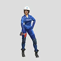 Woman In Blue Work Uniform With White Hard Hat Holding Tool And Knee Pads