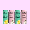 Four Refreshing Tea Beverage Cans With Green Pink Packaging And Lemon Peach Flavors