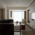 Modern Living Room Interior With Black Sofa Beige Chair Glass Coffee Table And Red Stool