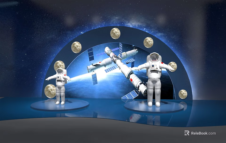 Interactive Cultural Center Exhibition Featuring Astronaut Models Satellite Moon And Starry Sky Background 3d model 
