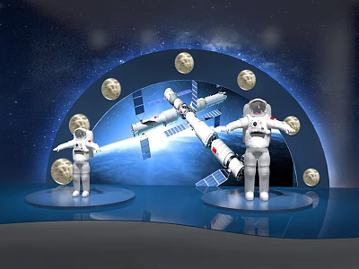Interactive Cultural Center Exhibition Featuring Astronaut Models Satellite Moon And Starry Sky Background 3d model