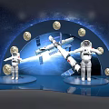 Interactive Cultural Center Exhibition Featuring Astronaut Models Satellite Moon And Starry Sky Background