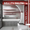 Modern Beauty Salon Interior Design With Red White Decor Sofa And Decorative Tree