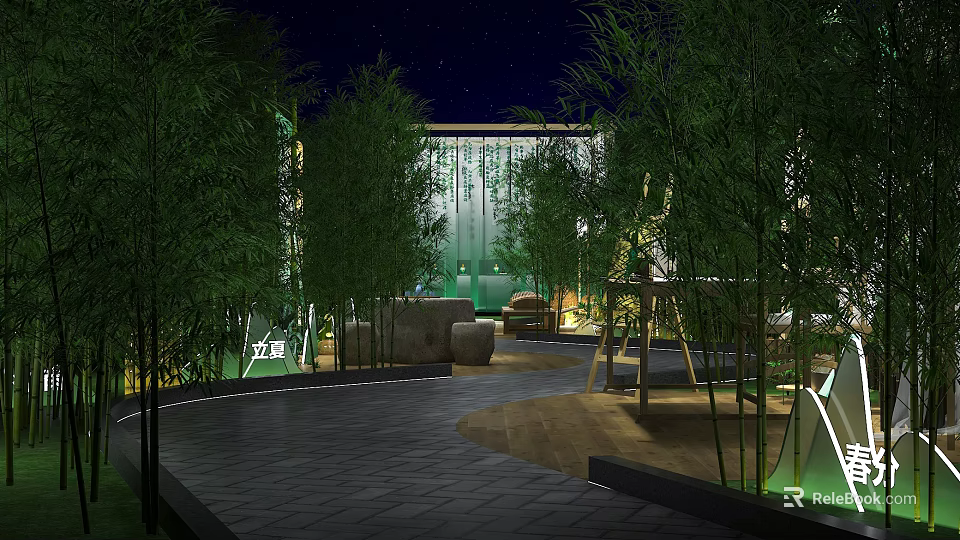 Check-in at Cozy Night Garden with Bamboo Trees and Outdoor Lighting 3d model 