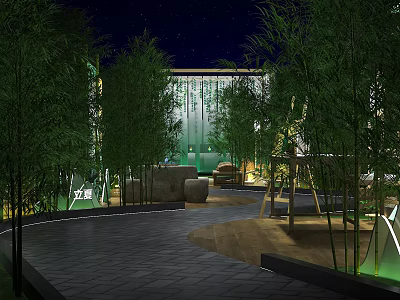Check-in at Cozy Night Garden with Bamboo Trees and Outdoor Lighting 3d model