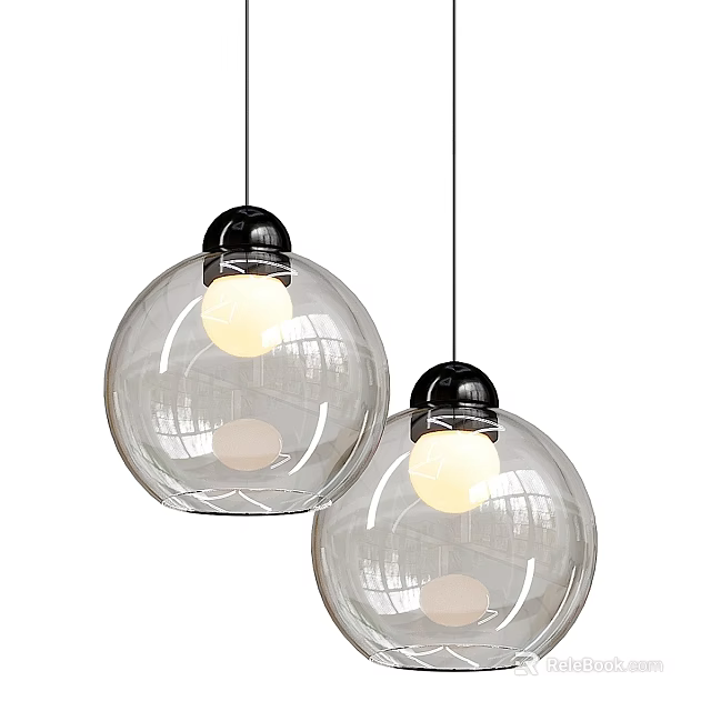 Modern Transparent Glass Spherical Pendant Lights With Black Top And Glowing Bulbs 3d model 