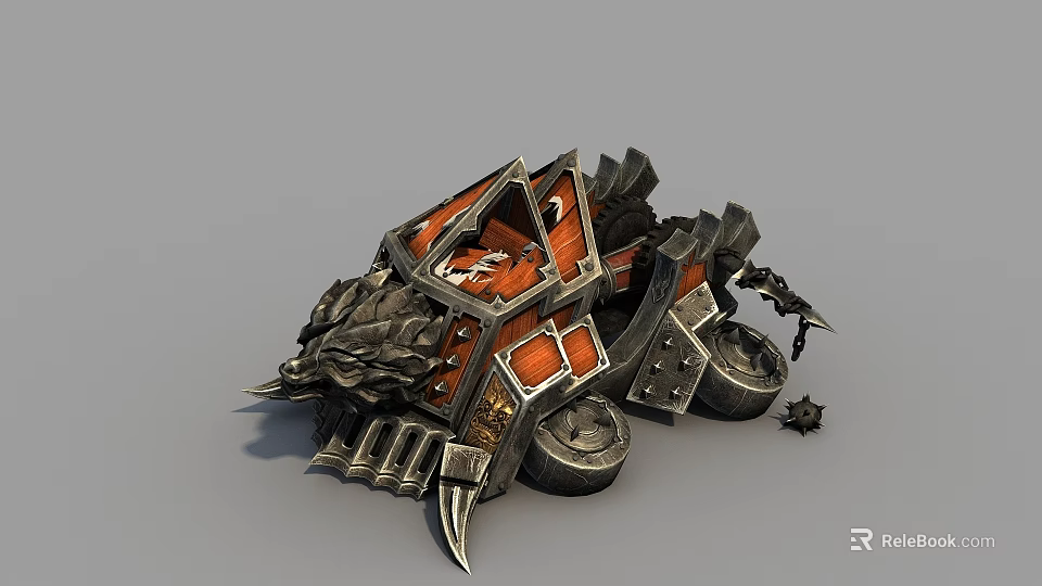 Medieval War Chariot Weapon With Metal Spikes Wooden Panels And Dragon Head 3d model 