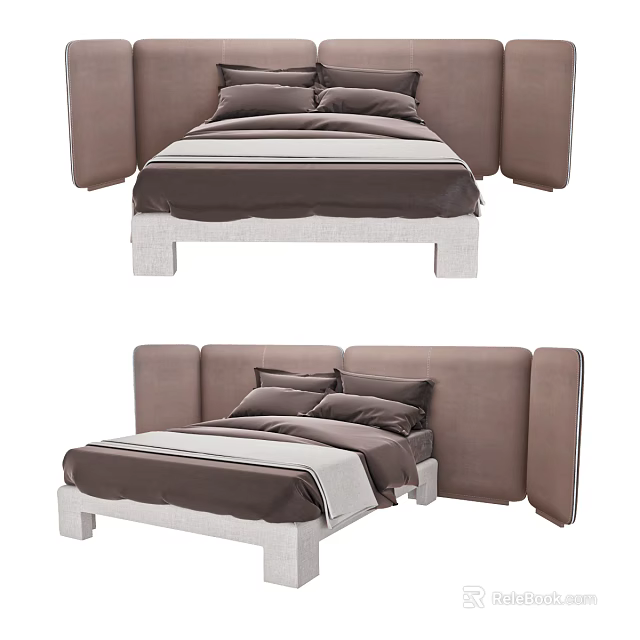 Double Bed With Upholstered Headboard White Frame And Brown Striped Sheets 3d model 