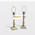 Pair of Brass Table Lamps with Square Bases Decorative Columns and Curved Metal Brackets