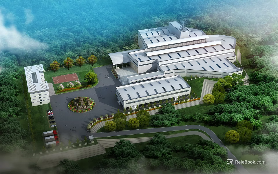 Modern Spacious Industrial Factory Exterior Surrounded By Greenery With Parking And Roads 3d model 